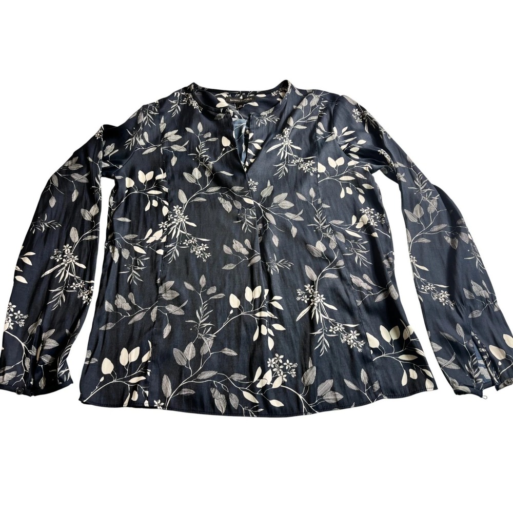 Banana Republic Blouse Top Womens XS Navy Floral Regular Fit Long Sleeve V Neck
